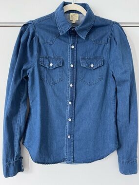 Torn by Ronny Kobo puff sleeve jean shirt medium wash size small